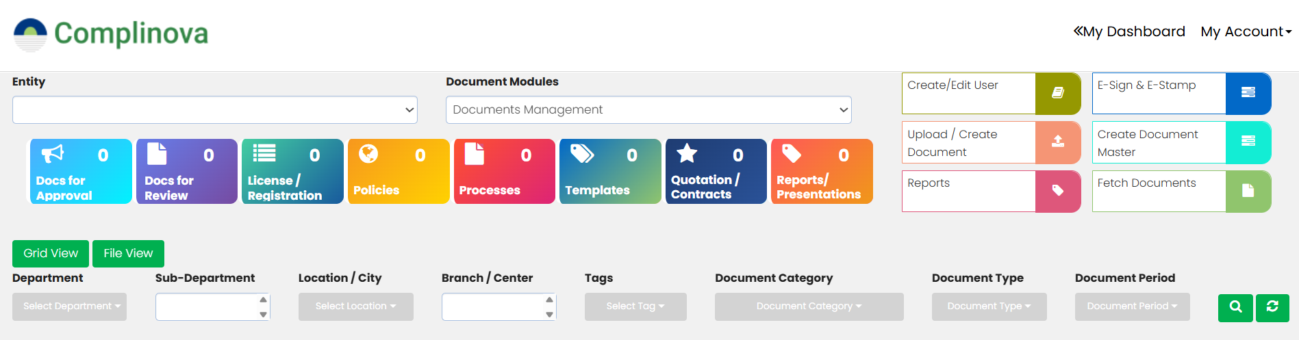 Complinova document repository — modules, approvals, and filters