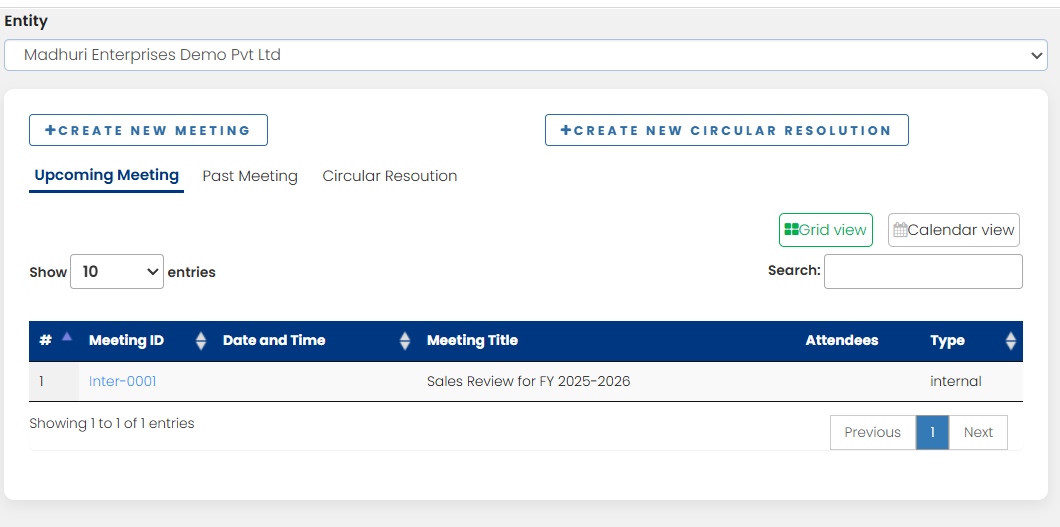 Meeting management dashboard with upcoming meetings and circular resolutions